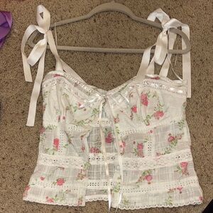 Tie-Shoulder Floral Lace Cami Top - White with Pink Roses